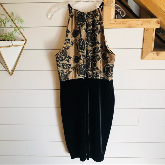 Belle Badgley Mischka Halter Dress Black Gold Lace Overlay Velvet Sexy - Picture 5 of 8